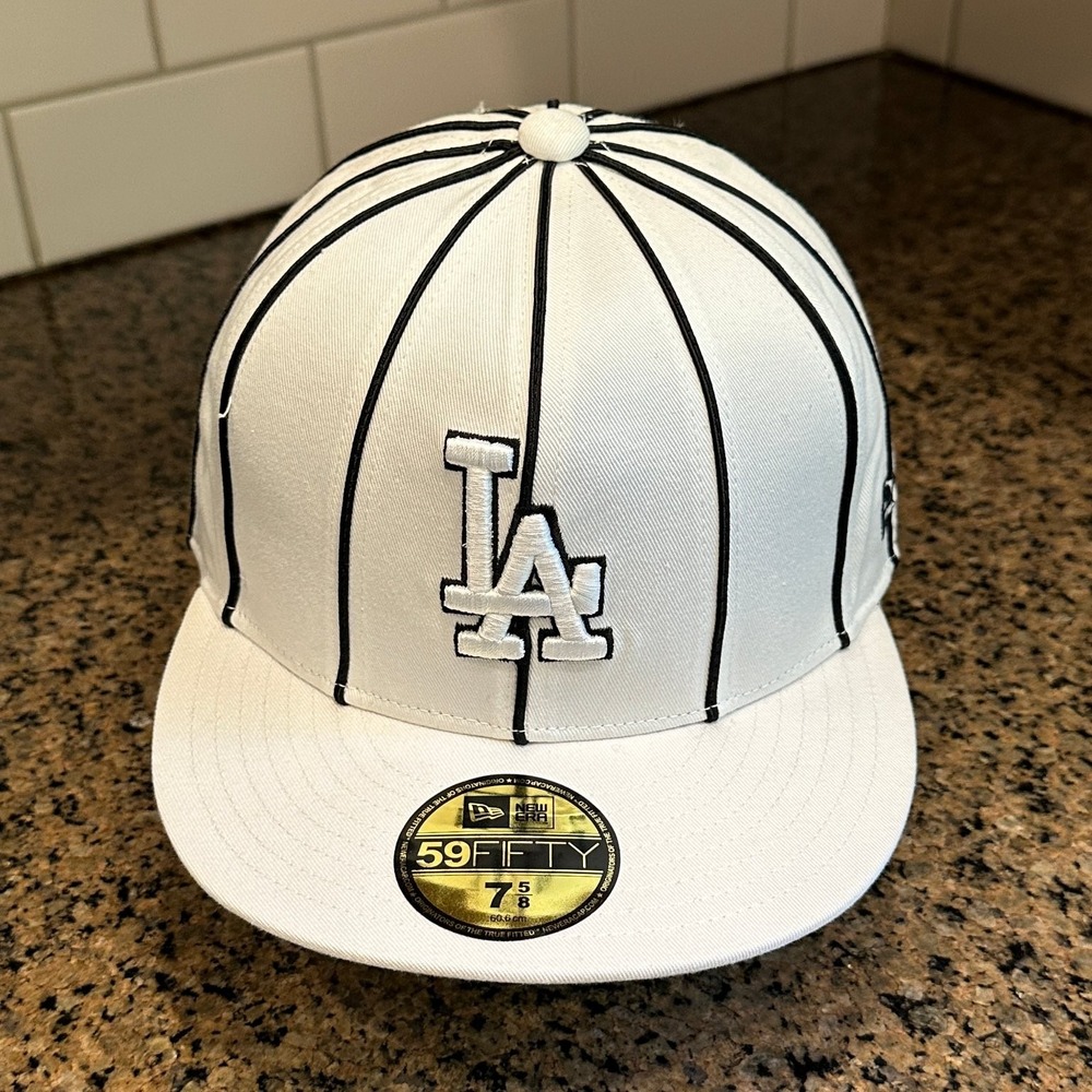 Los Angeles Dodgers New Era 59FIFTY Pinstripe Fitted Hat 5/8 White Black New